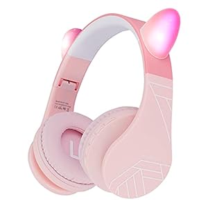 PowerLocus Bluetooth Koptelefoons voor Kinderen, Draadloze Koptelefoon met Microfoon Over-Ear (Rosa met Oren)