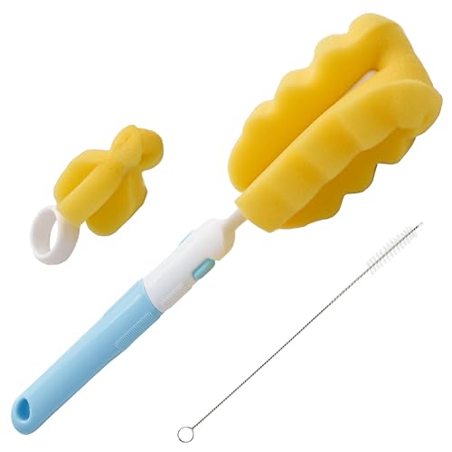 MoomooBaby Triple Baby Bottle Cleaner Brush Set - Includes Baby Bottle Brush Cleaner, Nipple Brush & Straw Cleaning Brush - Eco-Conscious Plastic Handle with Non-Slip Grip, Replaceable Sponges - Blue