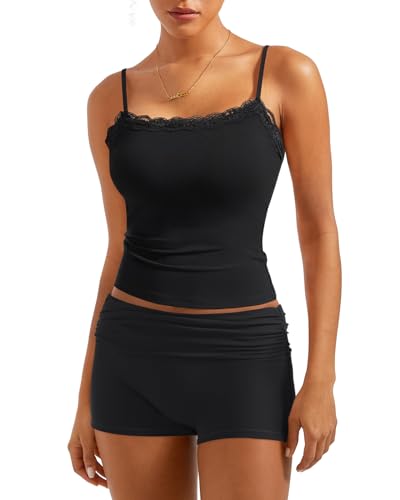 SUUKSESS Women 2 Piece Lounge Sets Shorts Pajama Set Lace Trim Cami Tank Top