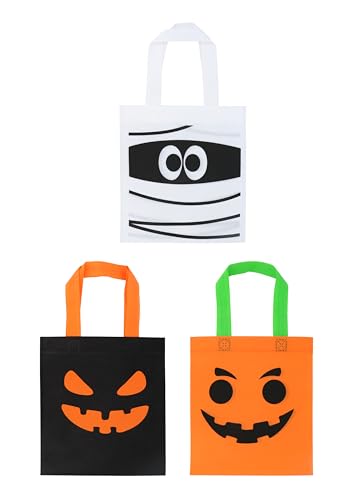 Henbrandt Halloween Treat Bags 3-Pack - 21.5cm x 24cm Trick or Treat Bags with Mummy Pumpkin Designs - Kids Party Favour Goodie Bags for Spooky Celebrations