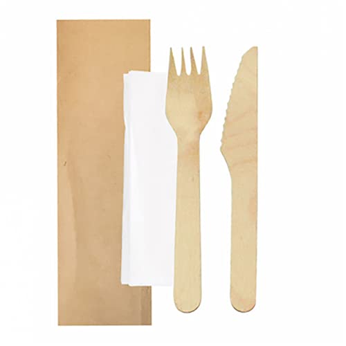 García de Pou 100 unidades - Set Tenedor, Cuchillo, Servilleta Enfundados Kraft 'Makan' 16 Cm Natural Madera