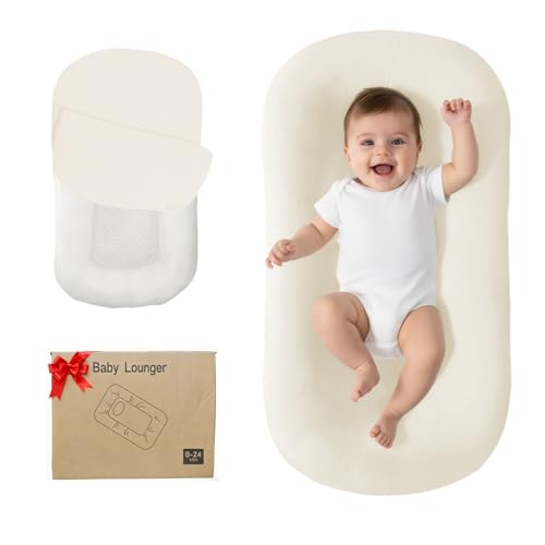 Image of Lucakuins Baby Lounger, Bionic Design Baby Lounger for Newborn 0-24 Months, Soft Organic Cotton Breathable Lounger for Infants (White Newborn Lounger)
