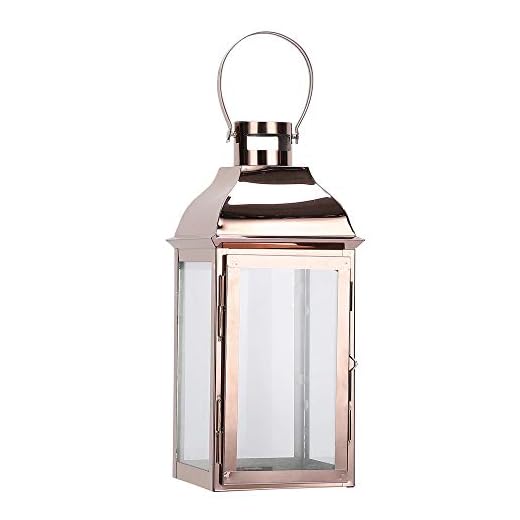 JHY DESIGN Rostfritt stål ljus lyktor, dekorativa ljuslyktor 31,5 cm högt glas ljushållare hängande lyktor trädgårdslykta för inomhus utomhus inomhus paritet trädgård balkong bröllop (roséguld)