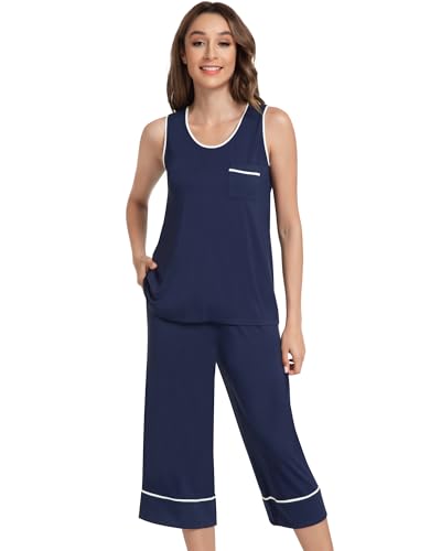 Image of NACHILA Pajamas Set for Women-Viscose Made from Bamboo, Tank Top with Capri Pants Pajama Cool Sleepwear Sleeveless Pjs