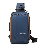 Mochila de Nylon Transversal Anti-furto, Impermeável com USB, Compartimentos Múltiplos, Trava com Código, 31x17x7cm, Pochete Azul, Bolsa de Ombro, Pequena, Masculina e Feminina, Antirroubo. (Azul)