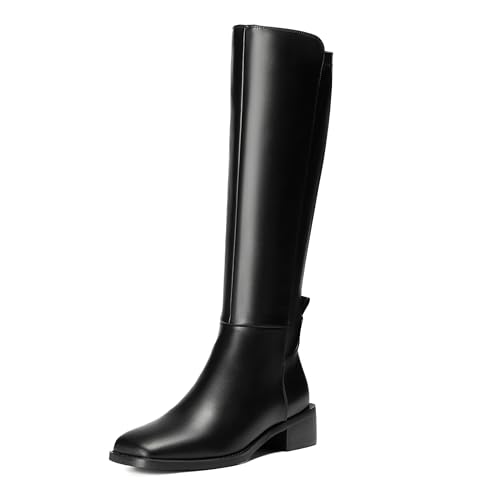 Image of vivianly Women's Knee-High Boots, Faux Leather Elastic Boots Low Heel Square Toe, Side Zipper Tall Boots