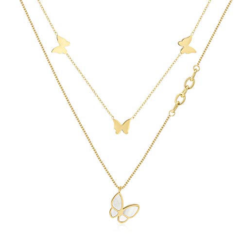 Qings En couches Nacre Papillon Collier 14K Plaqué or Pendentif Papillon Réglable pour les Femmes et les Filles