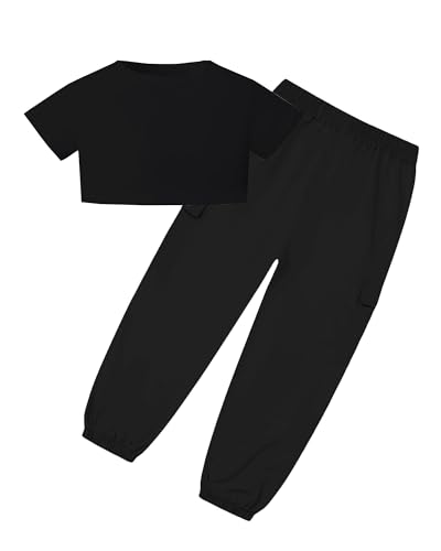 Image of SANGTREE Girls' 2 Piece Outfits T-Shirt and Drawstring Cargo Jogger Pants Clothing Set, 4-14 Years