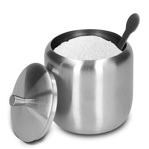 Tomotato Sugar Bowl Sugar Container,370ML 304 Stainless Steel Polished Brushed Sugar Bowl Salt Pepper Spices Bowl with Spoon and Lid for Home and Kitchen