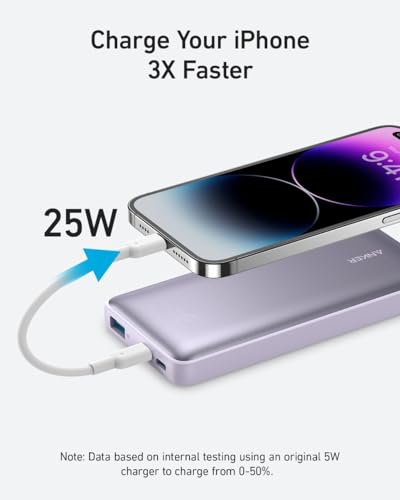 Image of Anker 533 Power Bank 10000 mAh Capacity (PD 25W) with 3 Port, 2 USB-C, 1 USB-A Fast Charging for iPhones, iPads, Samsung Smartphones and Other Android Devices - Violet