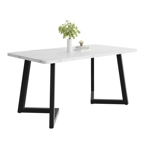 Merax Esstisch 117x68cm, Rechteckiger Marmormuster Esstisch, für 4-6 Personen, Metallrahmen, Metallbeine, geeignet für Restaurant, Wohnzimmer, Küche,Wohnzimmer, Weiß/Schwarz