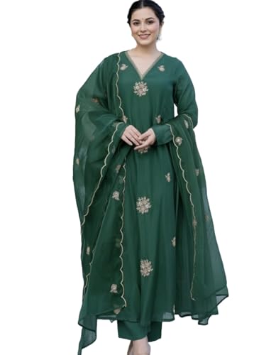 Image of Nermosa Women Embroidery Solid Anarkali Kurta and Pant Set with Dupatta