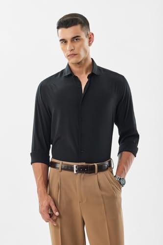 Image of SNITCH Men Casual Shirt | Regular Fit Full Sleeve Spread Collar Solid Design | Premium Polyester Viscose Blend & Lightweight Fabric for Office & Outings