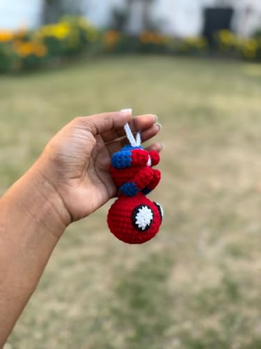 Image of Handmade Crochet Spiderman Car Charm, Red and Blue, 11.5cm x 6.5cm, Gift for Him