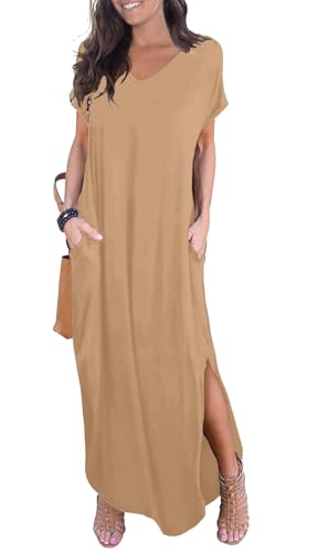 Image of GRECERELLE Women's Summer Maxi Dress Casual Loose V Neck Short Sleeve Side Split Long Dresses with Functional Pockets
