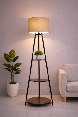 Image of Tripod Floor Lamp with 3 Circle Shape Shelves, Beige Jute Shade, Metal Corner Floor Lamp, for Decoration and Gifting (Pack of 1)