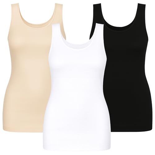 UnsichtBra 3er Pack Shape Damen Unterhemden Longshirt | Basic Wohlfühl Mikrofaser Damen Top ohne Bügel | Bauchweg Tops Unterhemd Frauen Weiss Schwarz Beige (Schwarz,Weiss,Beige, L-XL)