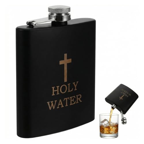PRETYZOOM Flachmann Edelstahl, Flachmann Schwarz Holy Water für Whiskey, Auslaufsicherer Hip Flask, Lustiges Geschenke für Männer für Vatertag, Party, Wandern, Camping