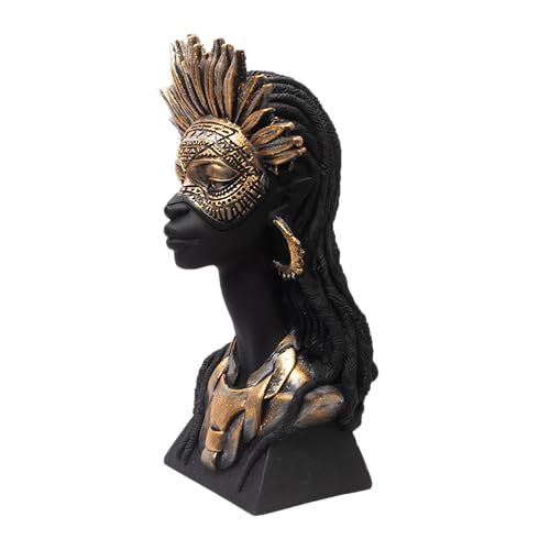 Image of Tribal Queen Bust Sculpture Black and Gold Resin Figurine with Feathered Headdress and Dreadlocks, African Queen Decorative Statue for Living Room, Office, Shelf, Tabletop Home Decor