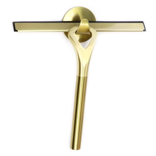 Rasqueta limpiacristales de Acero Inoxidable Dorado, Extractor de Cristal Ancho para Ducha, Silicona de Calidad, con Soporte sin Taladrar para Ducha Baño 9.8 Inch