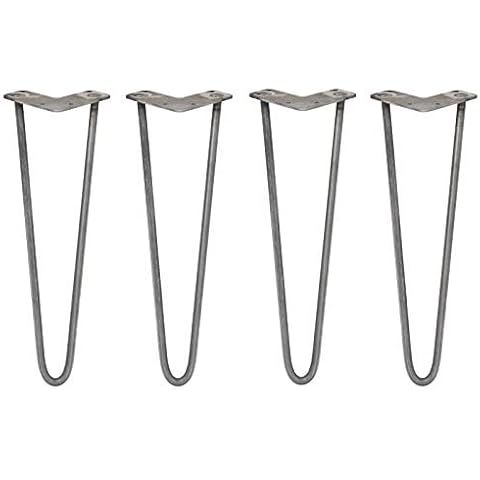 Hairpin Legs x 4 Table Legs Hair Pin Furniture 4Pcs Desk Bench Chair Metal Raw Steel 2 Prong Protector Feet | 16” 12mm Cover