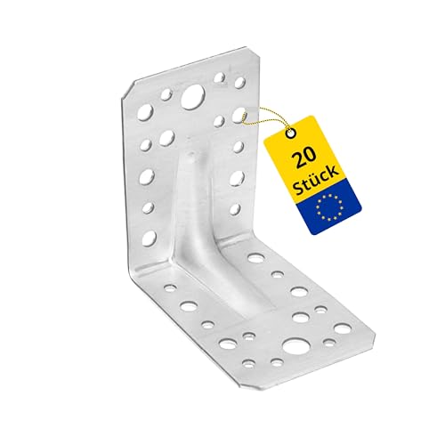 DMX - Schwerlast Winkelverbinder mit Sicke Lochwinkel Bauwinkel Holzverbinder Balkenwinkel Klammern Eckwinkel Möbelverbinder Montagewinkel Verzinkt - KPS - Silber, 90x90x65x1,5 (20 Stk./Verp.)