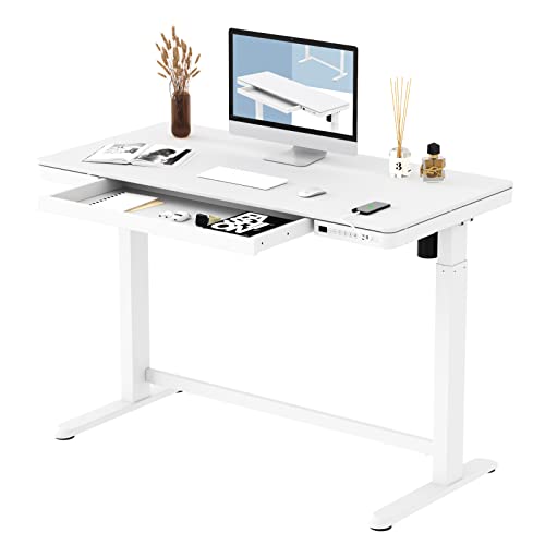 FLEXISPOT Comhar Electric Standing Desk with Drawers Charging USB A to C Port, Height Adjustable 48' Whole-Piece Quick Install Home Office Computer Laptop Table with Storage (White Top + Frame)