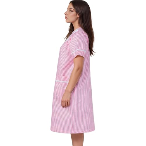 Image of Women's Short Sleeve Woven Snap-Front Closure Striped Embroidery Housecoat Duster Nightgown with Front Pockets