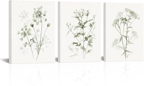 Tableau fleurs sauvages vert sauge pour habiller un mur vide de salon rustique lot de 3 cadres