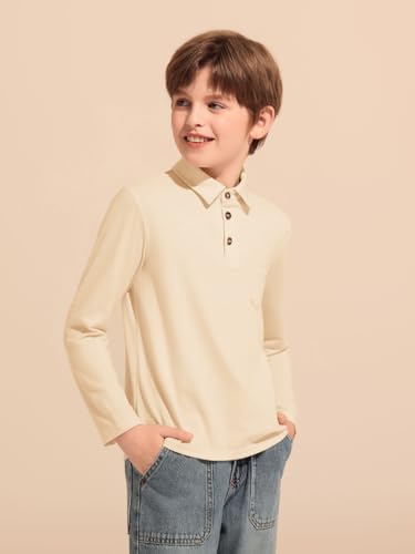 Image of Haloumoning Boys Long Sleeve Polo Shirts Kids Casual Button School Uniform Shirts with Chest Pocket 5-14 Years
