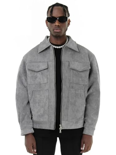 Men Vintage High Street Suede Material Crock Jacket With Zipper Lapel Short Jacket For