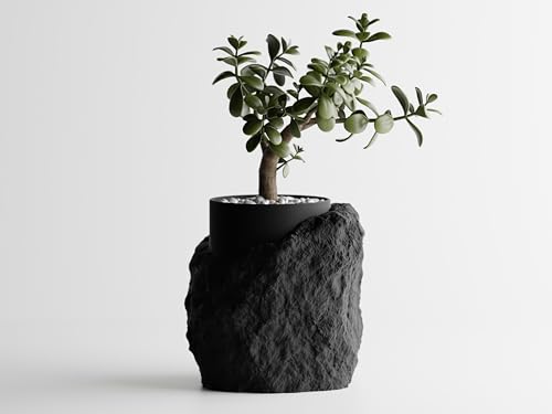 Gallery of Drip Realistic Stone-Inspired Garden Rock Planter – Unique Succulent and Indoor Plant Pot – Modern Flower and Outdoor Planters for Shelf Decor & Gifts (Black)