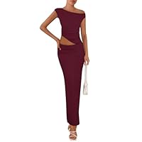 PRETTYGARDEN Women's Two Piece Skirt Set 2025 Summer Outfits One Shoulder Sleeveless Ruched Slit Bodycon Maxi Skirts (Wine Red,Small)