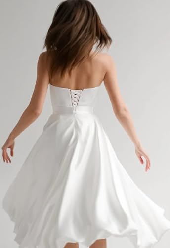 Women's Tube Top Tea Length Wedding Dresses for Bride Satin Strapless A Line Bridal Dress with Pockets2