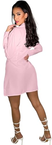 Image of Shirt Dress for Women Sexy Button Down Date Night Dresses Ruched Slit Stand Collar Long Sleeve Blouses