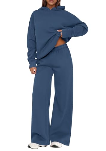 PRETTYGARDEN Womens Sweatsuits 2 Piece Set 2025 Casual Winter Long Sleeve Hoodie Loose Wide Leg Sweatpants Fall Tracksuit (Grey Blue,Small)