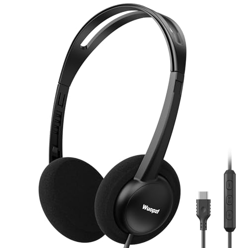 Wuopzf USB-C Wired on-Ear Headphones with Microphone & In-Line Control, Comfort Foam Pads, Adjustable Headband for Kids, Teens, Adults, Compatible with Type-C Phone, Tablet, Laptop, PC