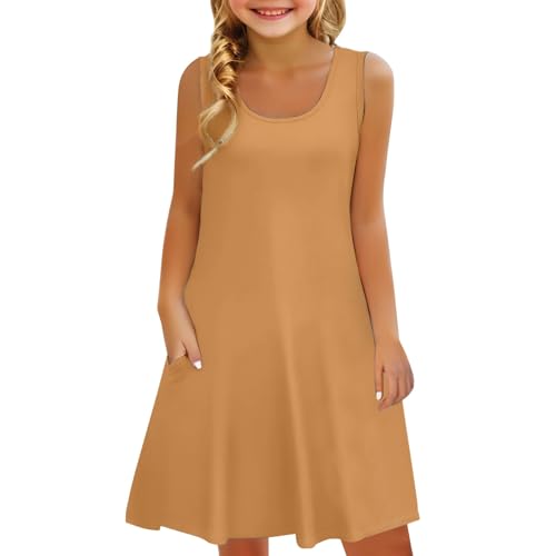 Mjjsk Vestidos para niñas, vestido de verano para vacaciones, playa, casual, sin mangas, liso, acampanado, cómodo, suave, ligero, vestido de verano, marrón, 12-13 años