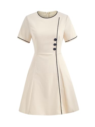 Women's Summer Button Short Sleeve Dress Elegant Crew Neck Work Office Dresses