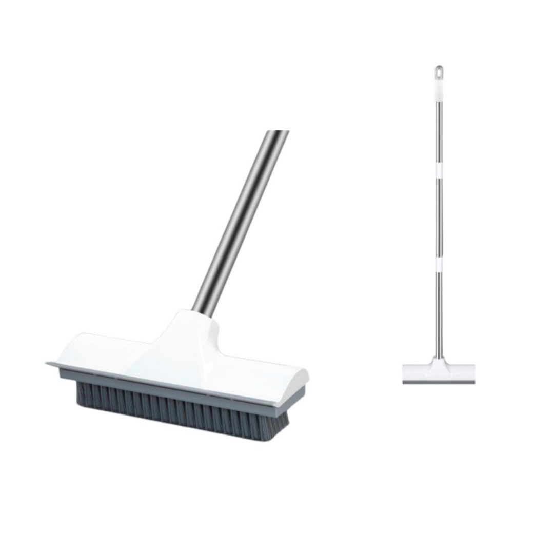 JINGUWULong Handle Floor Scrub Brush 2 in 1 Floor Scrub Brush with Squeegee for Bathroom, Kitchen, Patio, Tile, Wall & Deck Cleaning - Multipurpose Push Brooms
