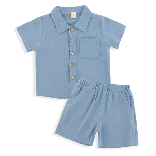 Image of POBIDOBY Linen Baby Clothes for Summer Vacation & Beach Hiking, Linen Short with Cotton Linen Top for Girls & Boys