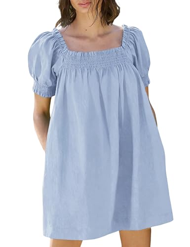 Image of Huaqiao Womens Summer Mini Dress 2026 A-Line Square Neck Puff Sleeve Beach Sundress Casual Short Dress with Pockets