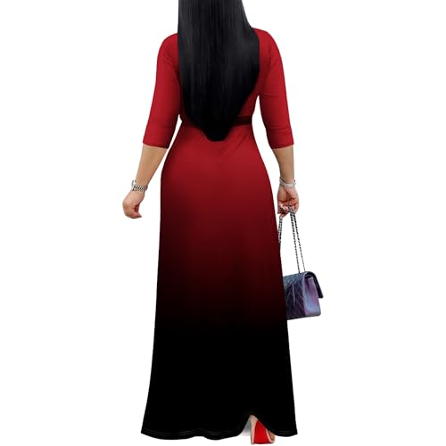 Image of PinkPatty Women's Plus Size Maxi Dress Casual 3 /4 Sleeve Dress with Belt | Soft stretch feel, printed style, flowy A-line fit, v neck, waist tie, side pockets, for vacation, party and daily wear