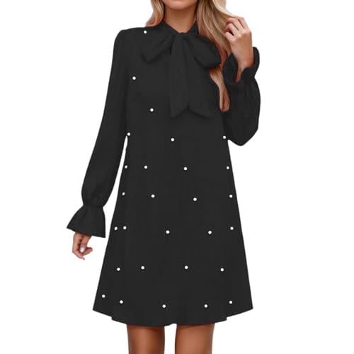 Zanisouta Vestido de mujer de manga larga midi vestido cálido suéter vestido casual invierno vestidos monocolor moda casual cuello en V vestido de invierno elegante lazo mujer ropa, O negro., L