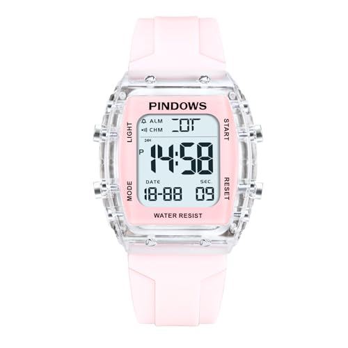 PINDOWS Digitale Sportuhr für Damen, transparentes Gehäuse, helles LED-Licht, 5 ATM wasserdicht, Stoppuhr-Alarm, Dualzeit, stilvolle Uhr für aktive Damen und Teenager PINDOWS Digitale Sportuhr für Damen, transparentes Gehäuse, helles LED-Licht, 5 ATM wasserdicht, Stoppuhr-Alarm, Dualzeit, stilvolle Uhr für aktive Damen und Teenager