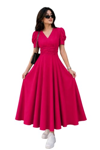 Image of Preneum Girl's & Women's Solid Color V-Neck A-Line Maxi Dress for Women | New Year Party Outfit | Waist Cinched Puff Sleeve Western | Elegant Casual Wear (Availble in Plus Size)