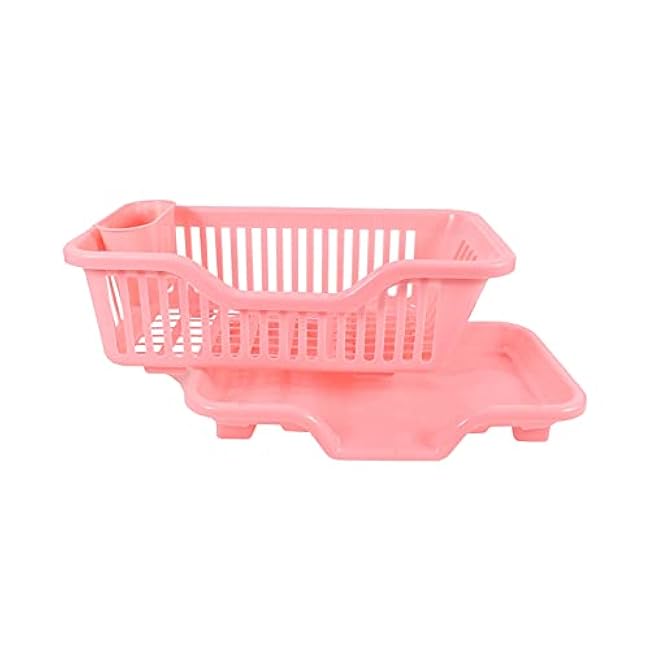 Environmental Plastic Kitchen Sink Dish Drainer Set Rack Washing Holder Basket Tray, 17.5 x 9.5 x 7INCH (Pink)