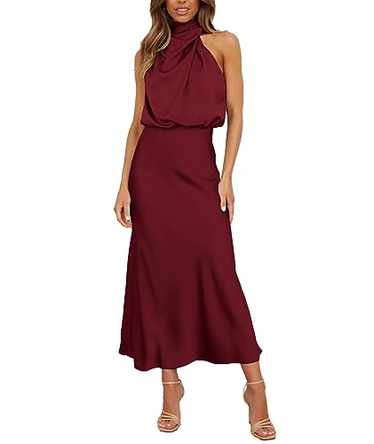 Image of Sexyshine Women's Elegant Halter Tie Neck Sleeveless Satin Long Dress Backless Split Cocktail Party Formal Wedding Maxi Dress