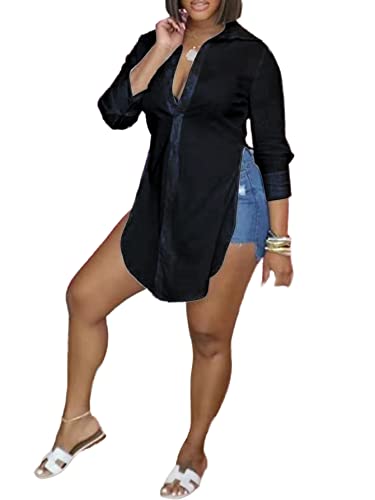 Lyaner Women's Collar V Neck Button Front Long Sleeve Slit Hem Long Shirt Blouse Tops Black Xx-Large #TOP2