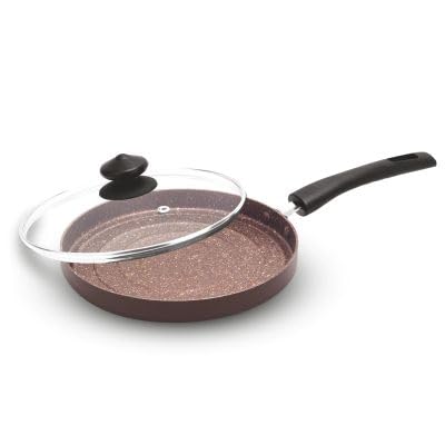 Orange Non-Stick Pizza Pan/Flat Pan/Paratha Pan with Toughened Glass Lid | 125mm Diameter with Chrome Finish | Strong Cool Touch Long Handle